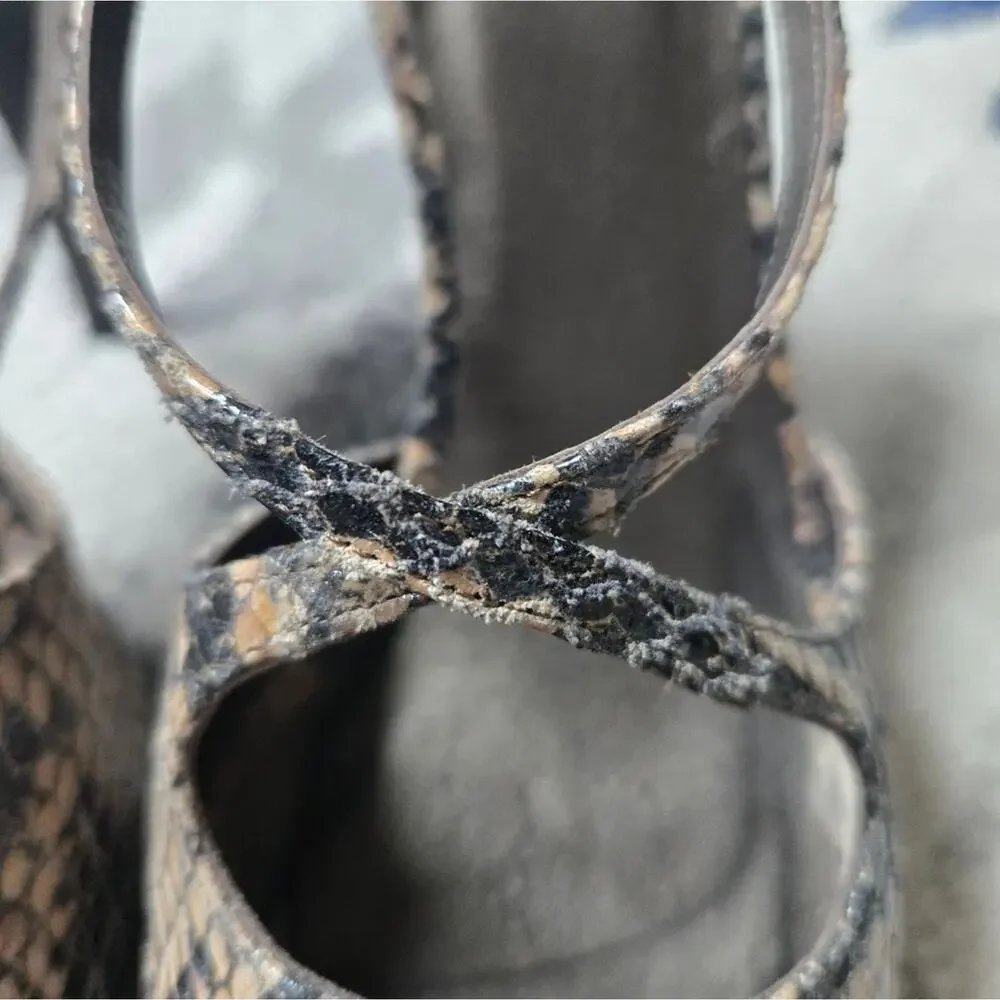 Stuart Weitzman Snakeskin Embossed Leather Peep Toe Stroppy Heels Size 6.5 Tan